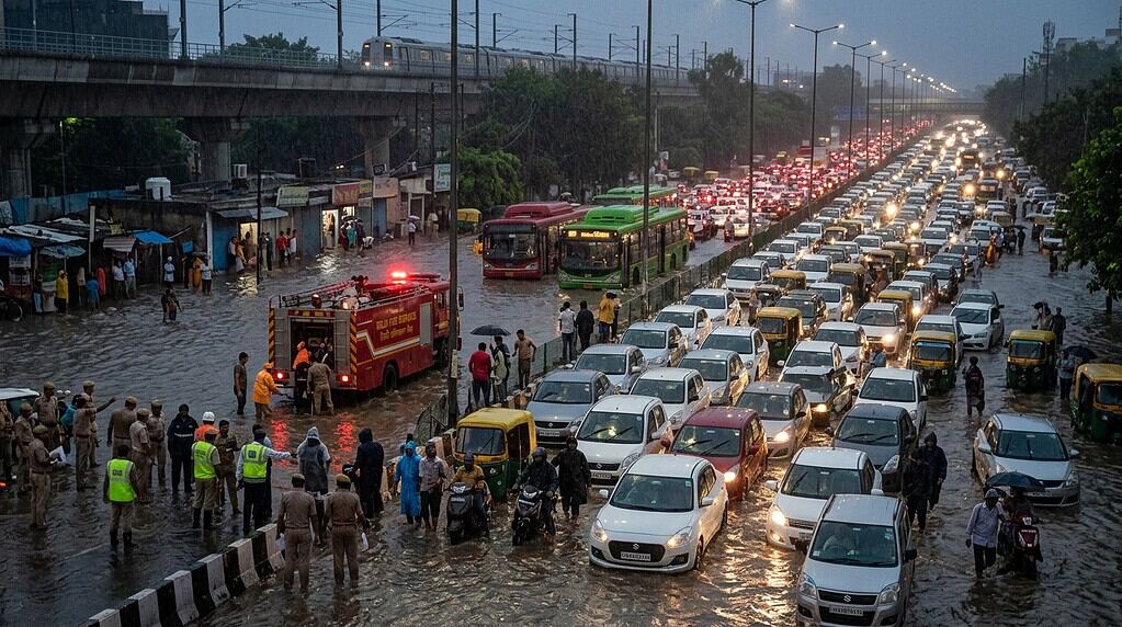 दिल्लीत मुसळधार पावसामुळे रस्त्यावर साचलेले पाणी आणि वाहतूक कोंडी