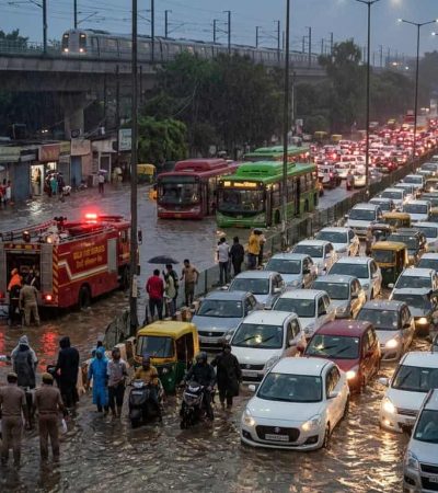 दिल्लीत मुसळधार पाऊस, रस्ते जलमय, वाहतूक कोंडी
