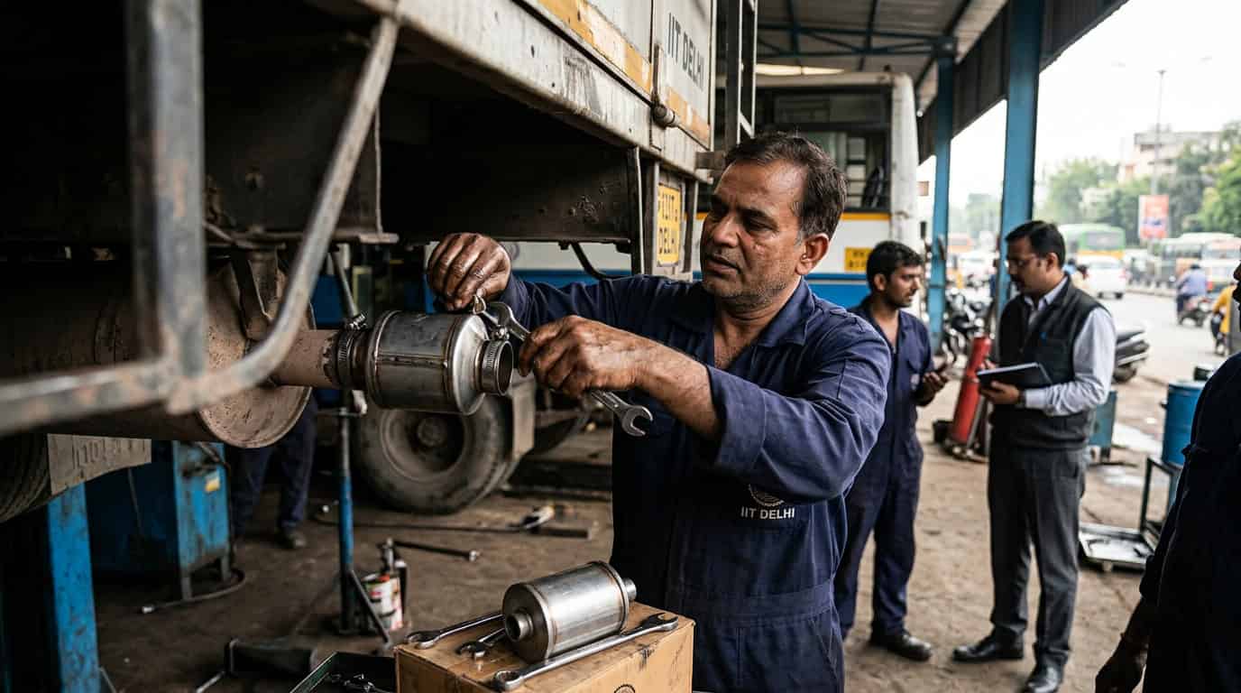 जुन्या डिझेल ट्रकवर बसवलेले IIT दिल्ली प्रदूषण नियंत्रण यंत्र