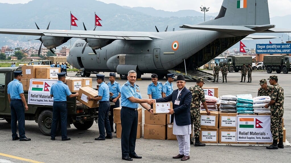 भारतीय हवाई दलाचे विमान नेपाळसाठी पूरग्रस्त मदत साहित्य घेऊन काठमांडू विमानतळावर