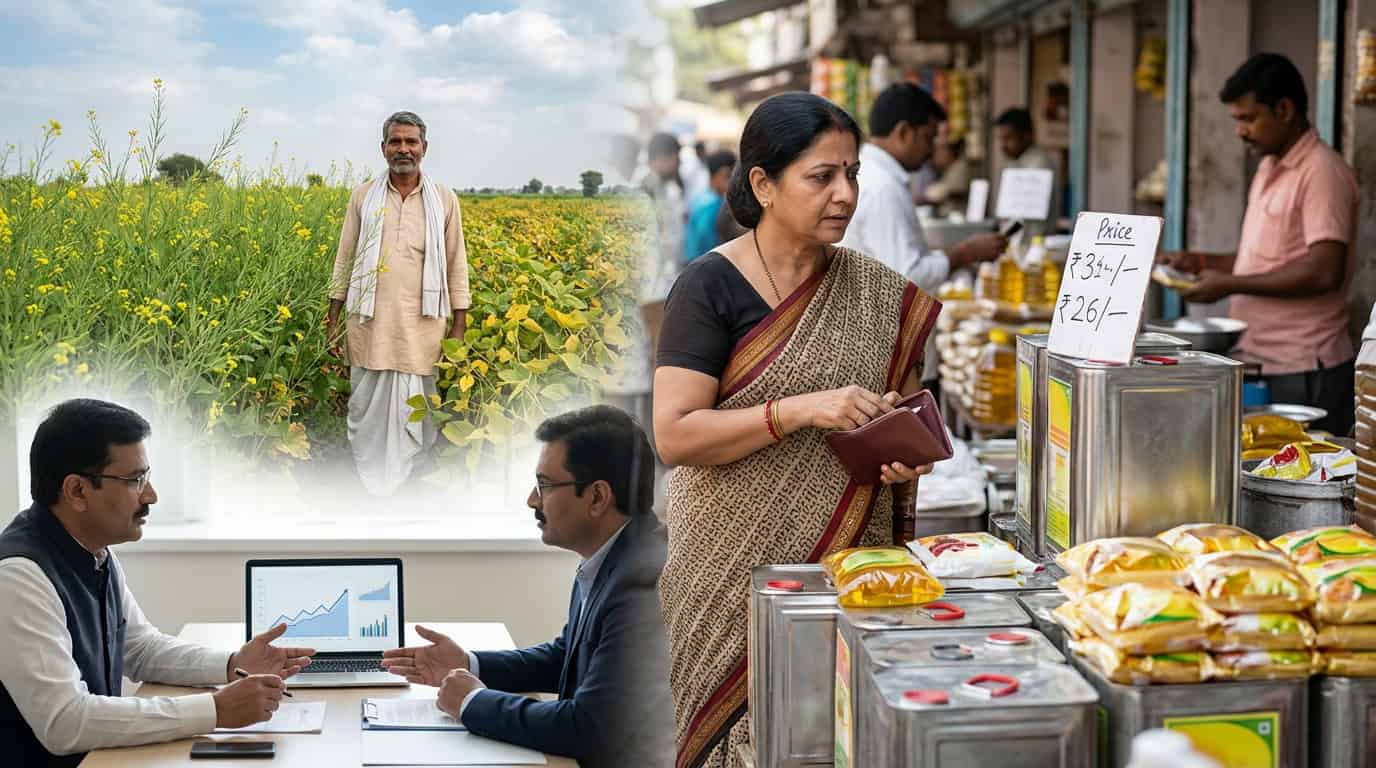 खाद्यतेल आयात शुल्क वाढीसंबंधी बातमी दर्शवणारे चित्र