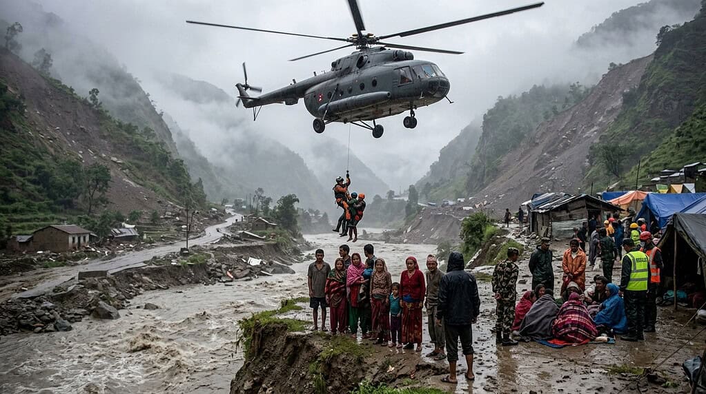 नेपाळमधील महापुरात हेलिकॉप्टर बचाव मोहिमेचे छायाचित्र
