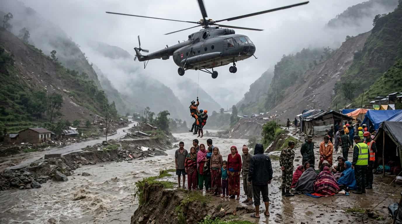 नेपाळमधील महापुरात हेलिकॉप्टर बचाव मोहिमेचे छायाचित्र