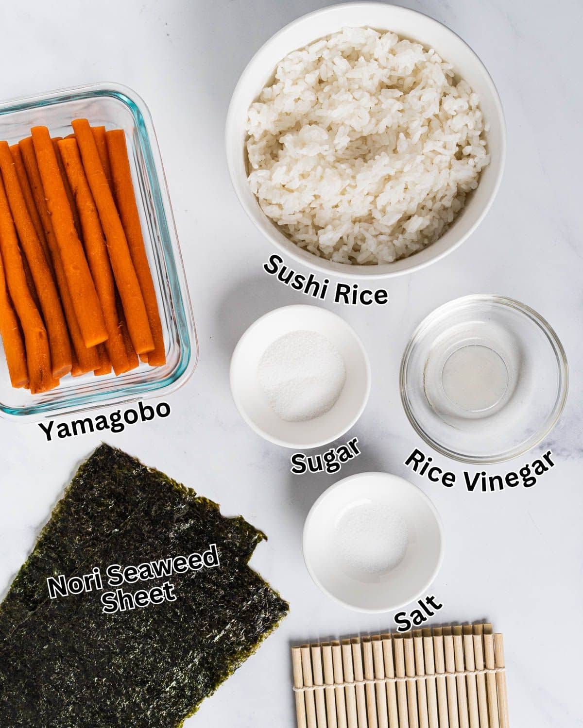 Ingredients needed for gobo sushi: nori seaweed sheet, yamagobo, sushi rice, vinegar, sugar, and salt.