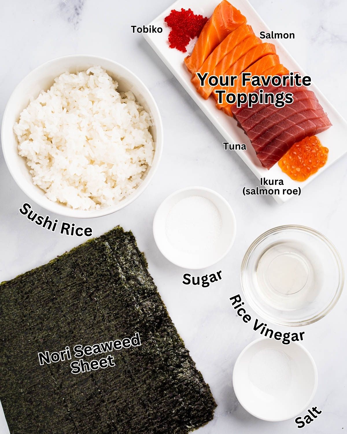 Ingredients needed for Gunkan: Nori seaweed sheets, sushi rice, rice vinegar, sugar, salt, and your favorite toppings. Sliced salmon, tuna, tobiko, and ikura on a plate.