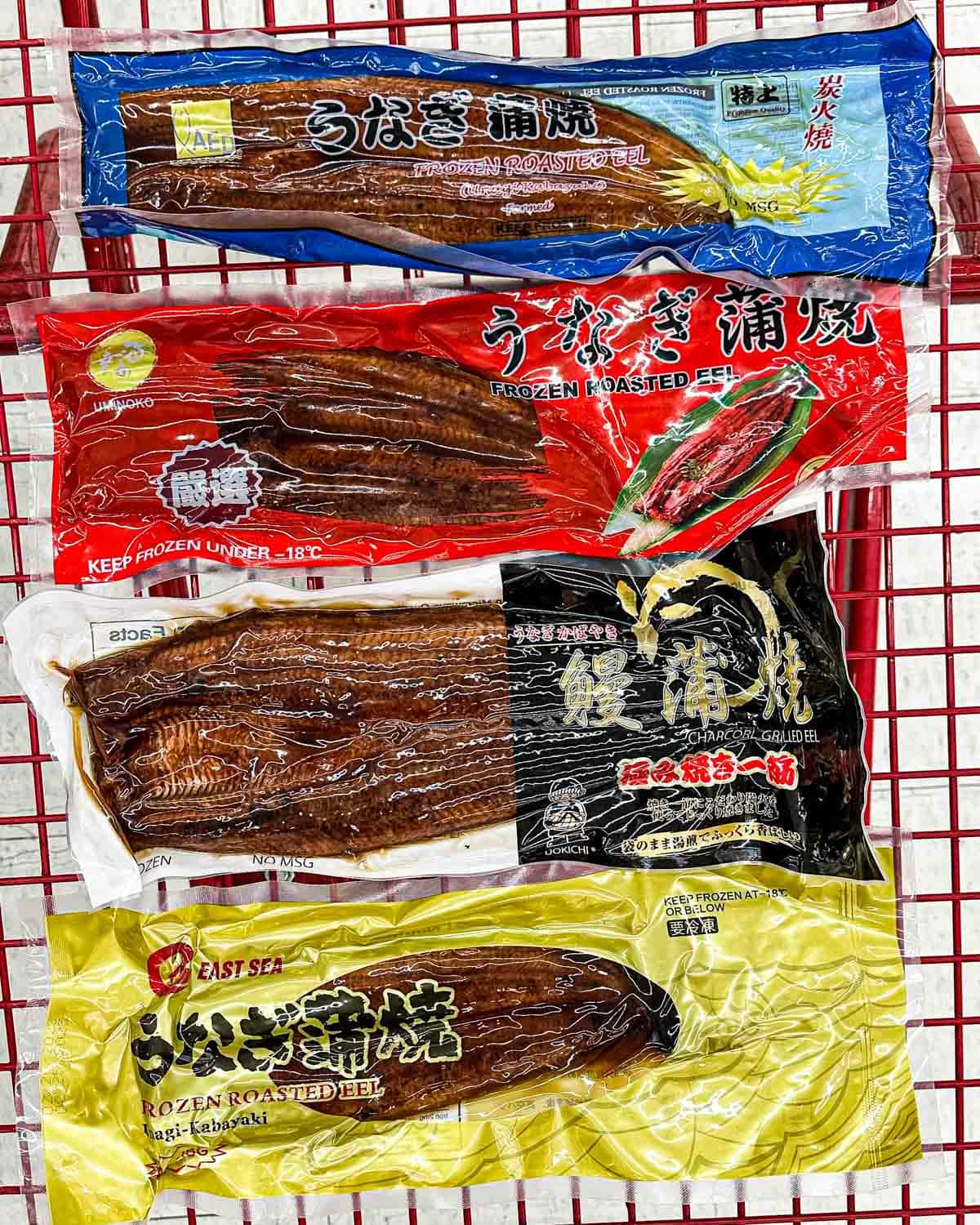 4 different packages of frozen eel at the grocery store.
