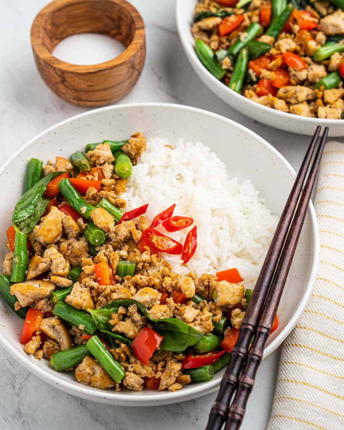 plate of Thai basil tofu pad krapow with rice.