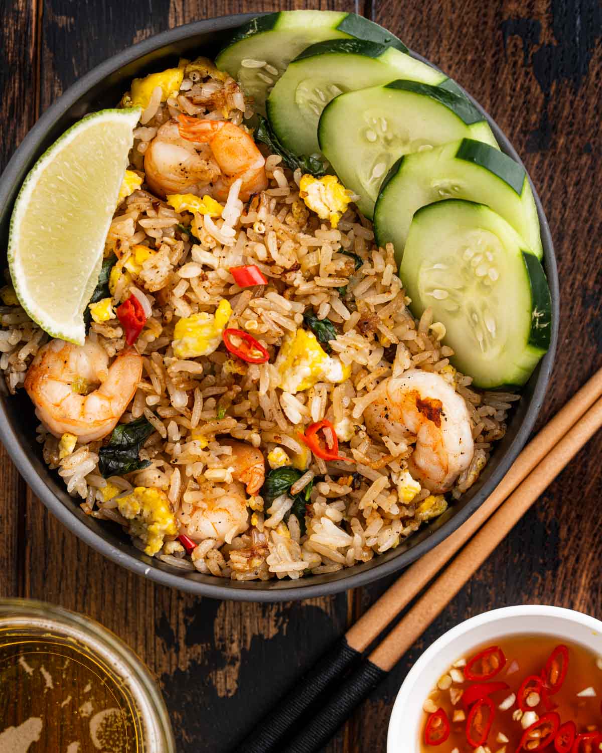 Bowl of Thai basil fried rice with shrimp.