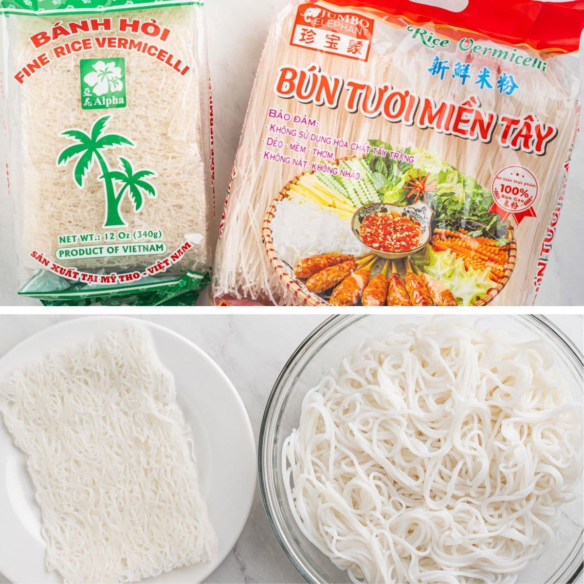 rice vermicelli banh hoi and bun in package and cooked.