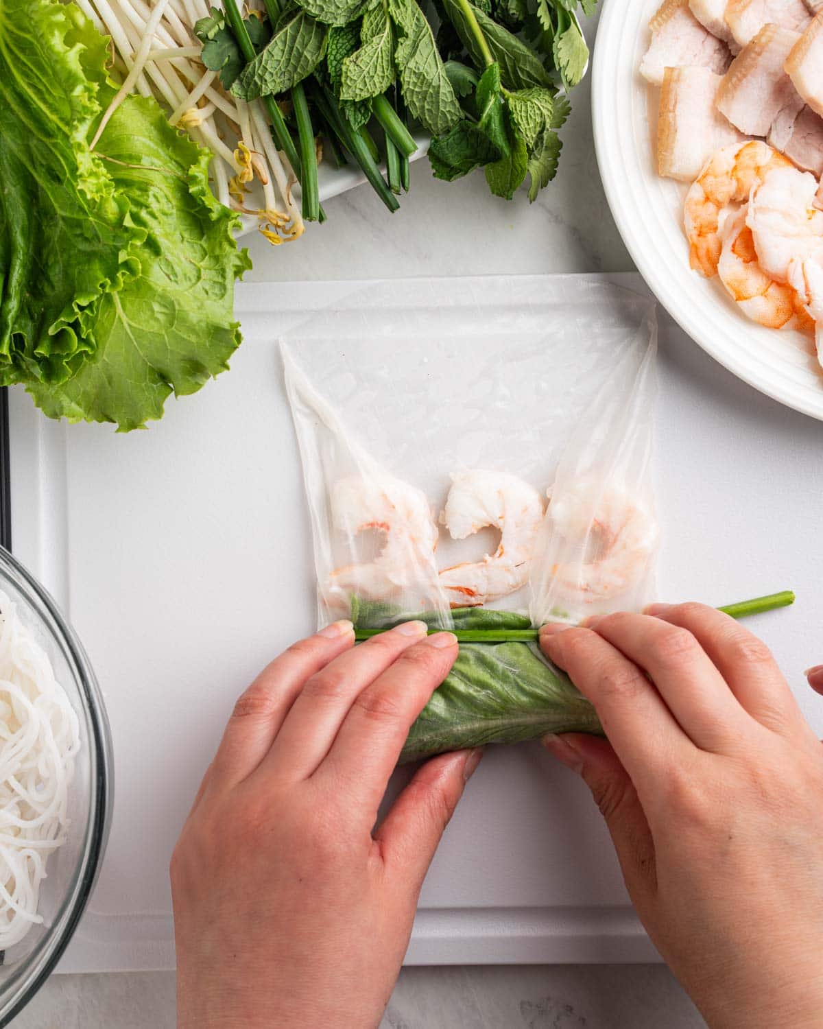 hands wrapping spring roll.