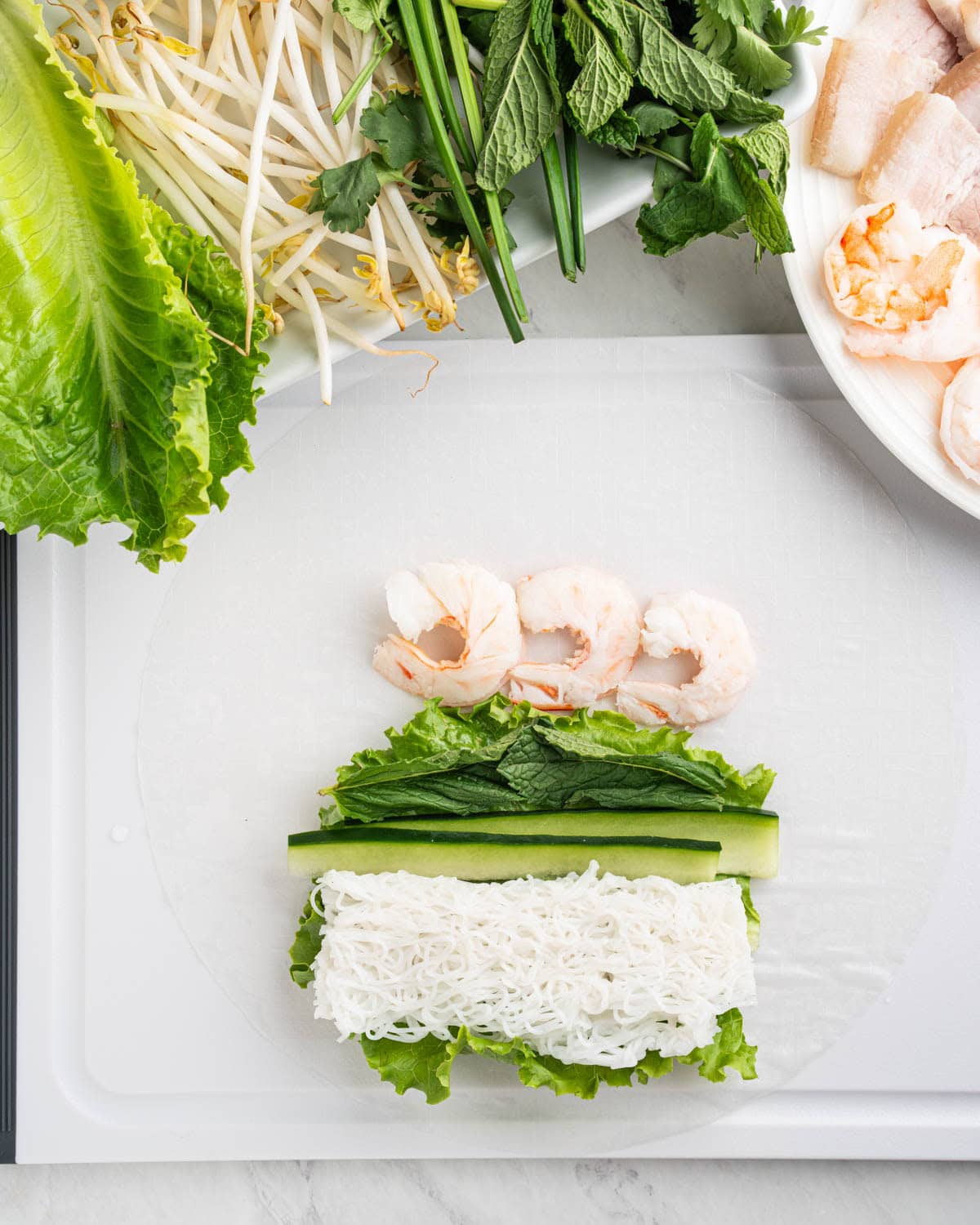 ingredients placed on rice paper.