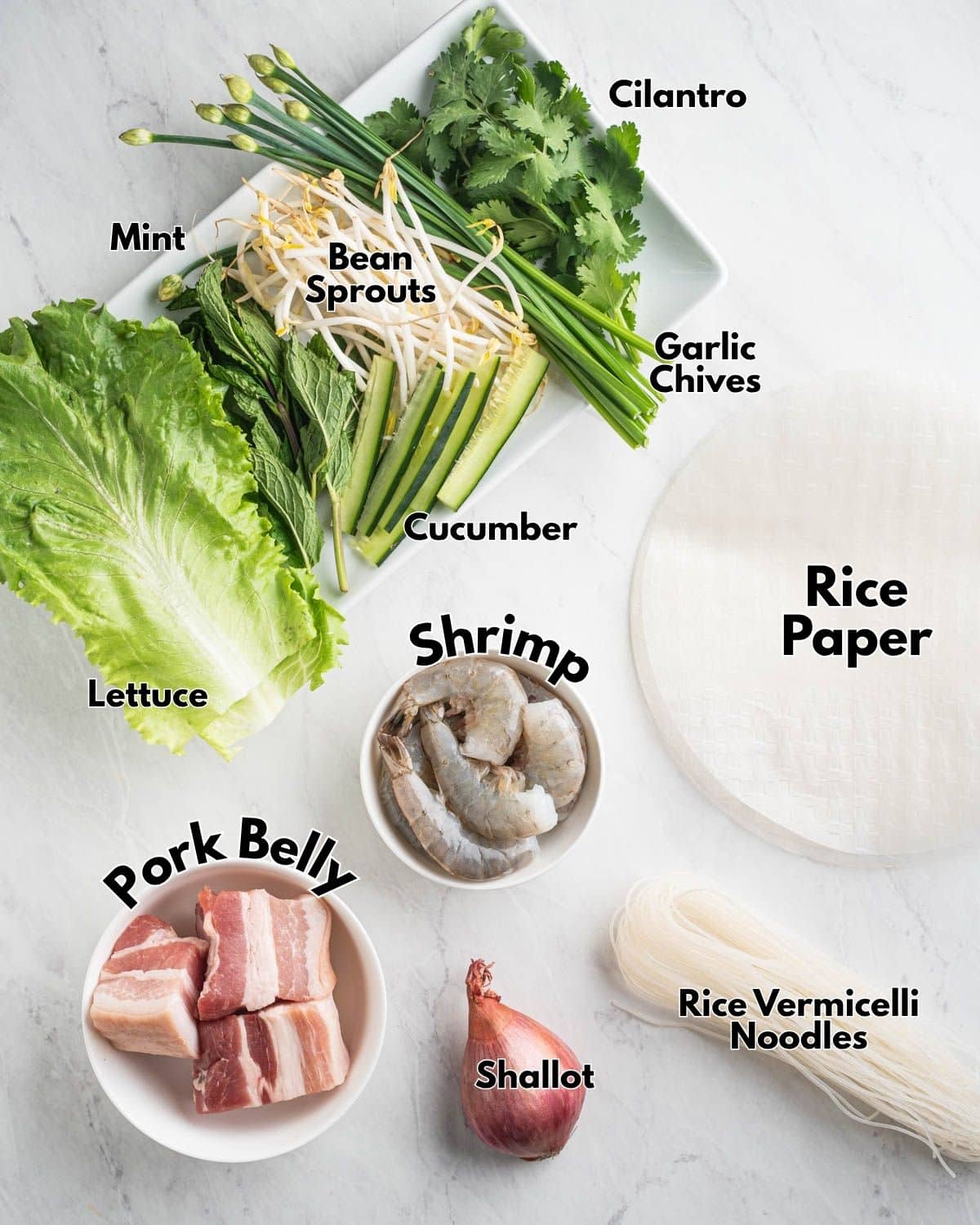 Uncooked ingredients for spring rolls labeled.