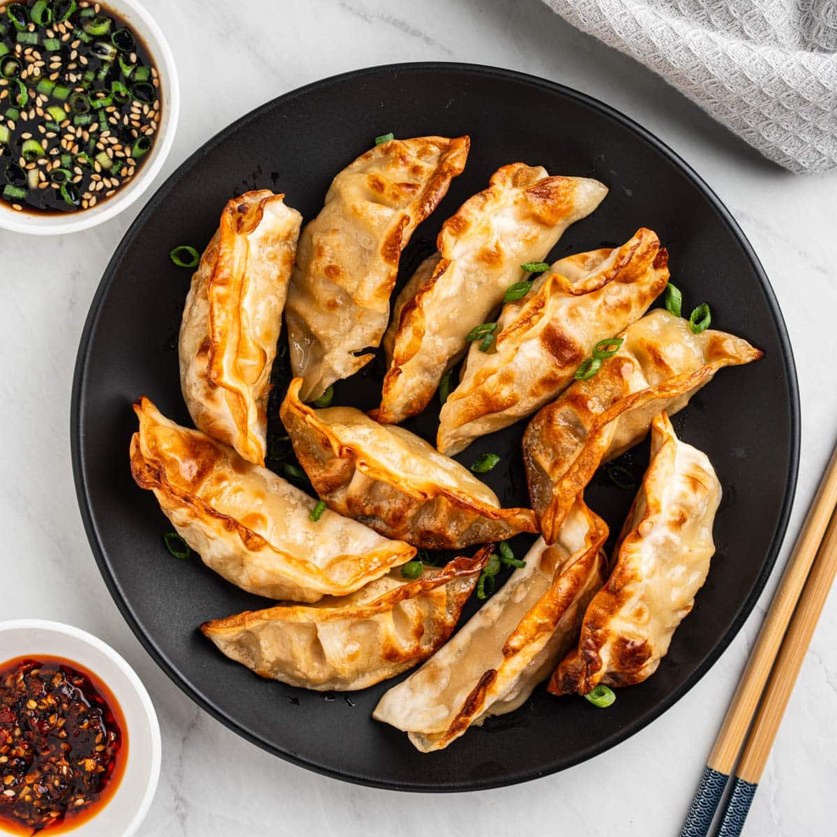 Plate of air fryer dumplings.