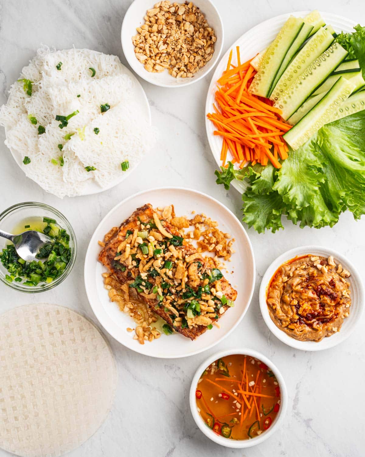all ingredients for salmon spring roll. Salmon, noodles, veggies, and sauces.