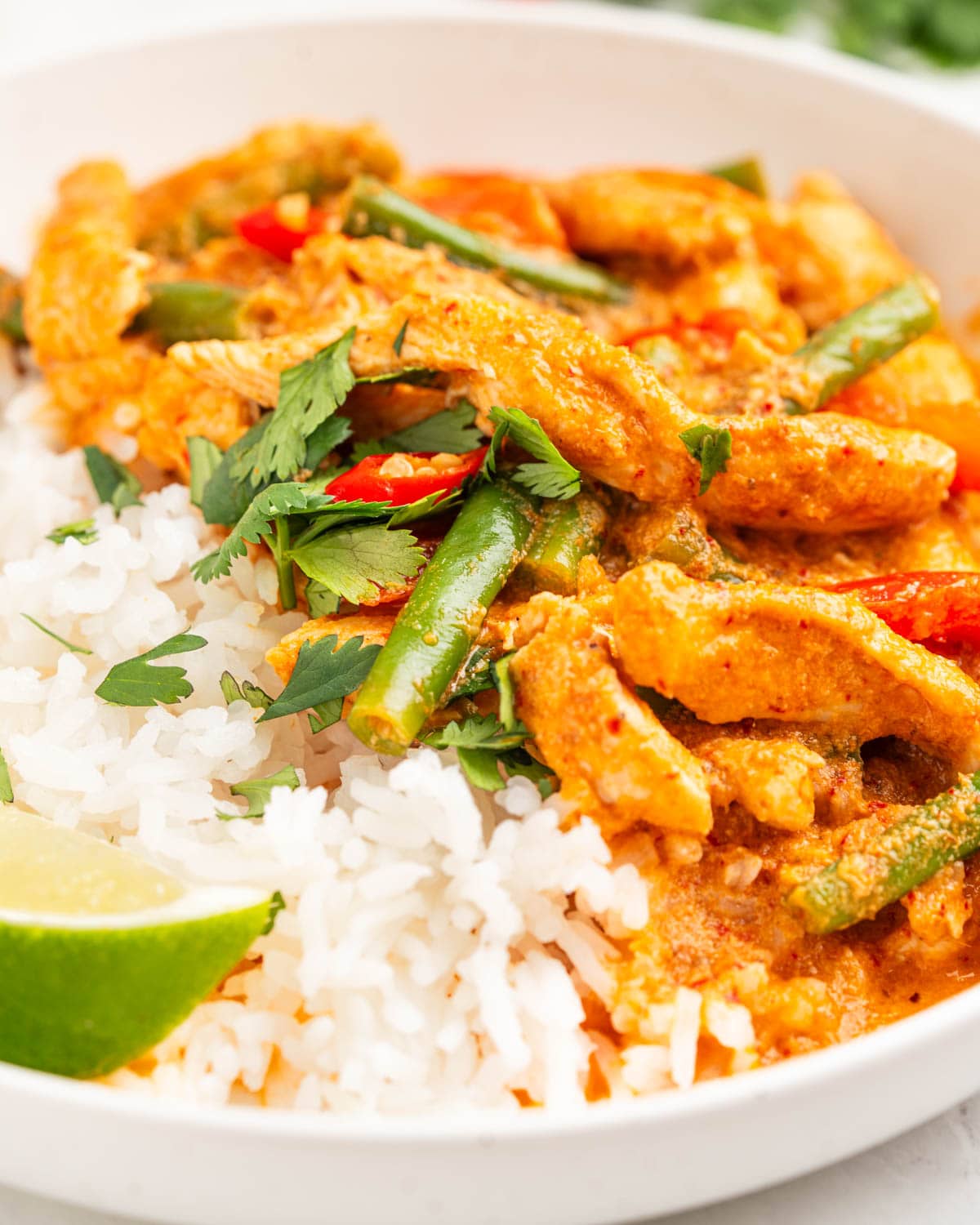 close up of coconut chicken curry over rice.