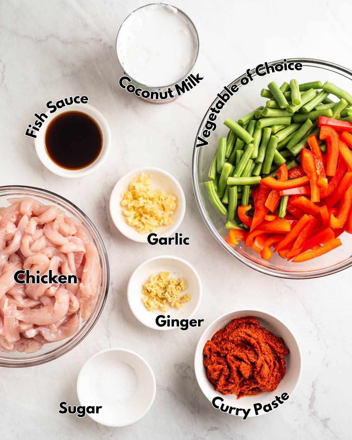 labeled ingredients for coconut chicken curry.