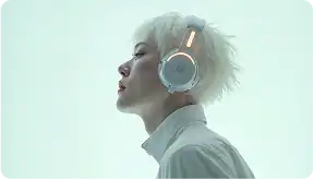Young woman with white hair wearing headphones, symbolizing mental health and self-help resources.