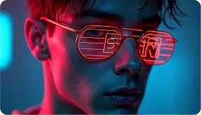 Person wearing futuristic neon glasses with digital display effects.