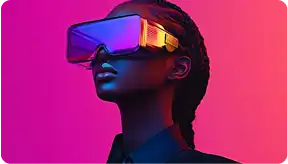 Woman wearing VR headset for mental health and self-help solutions.