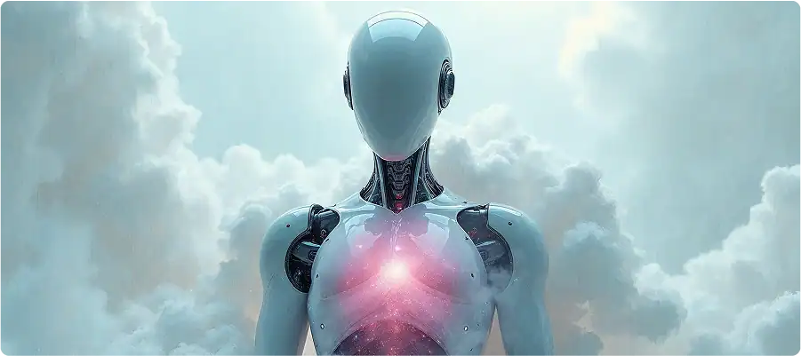 Futuristic robot with glowing chest against cloudy sky background.