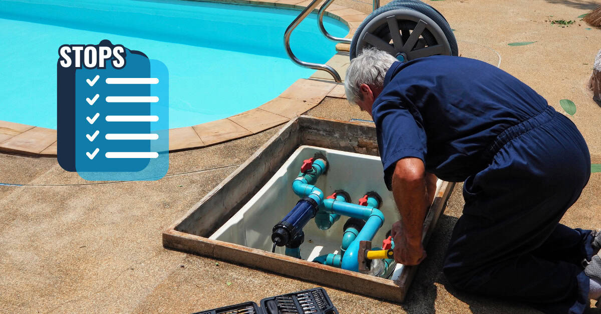 Pool technician inspecting and repairing filtration system with checklist of service stops