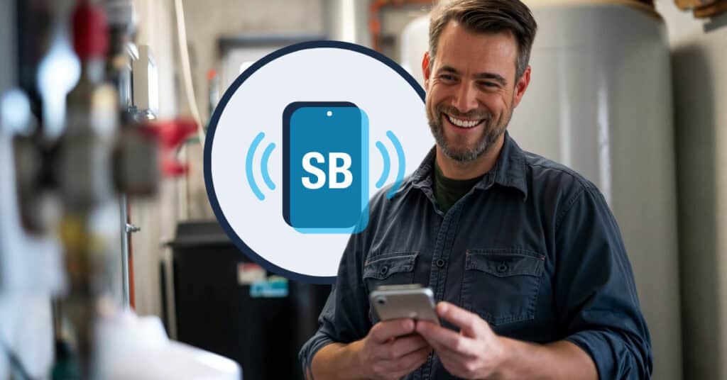 Man using smartphone with mobile app notification and wireless communication signals