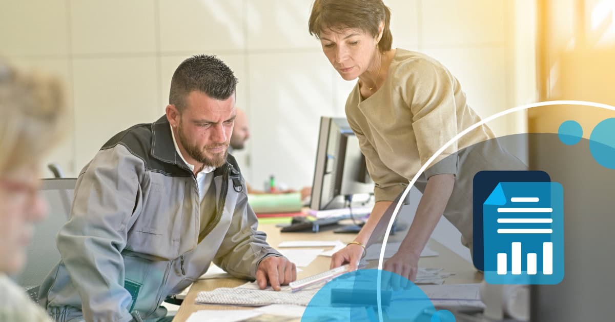 Field service professionals reviewing project plans with a mobile workforce analytics icon overlay