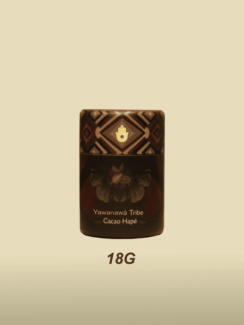 Yawanawá Tribe Cacao Hapé container with indigenous tribal design for spiritual healing and meditation, emphasizing cacao, hape, and shamanic traditions.