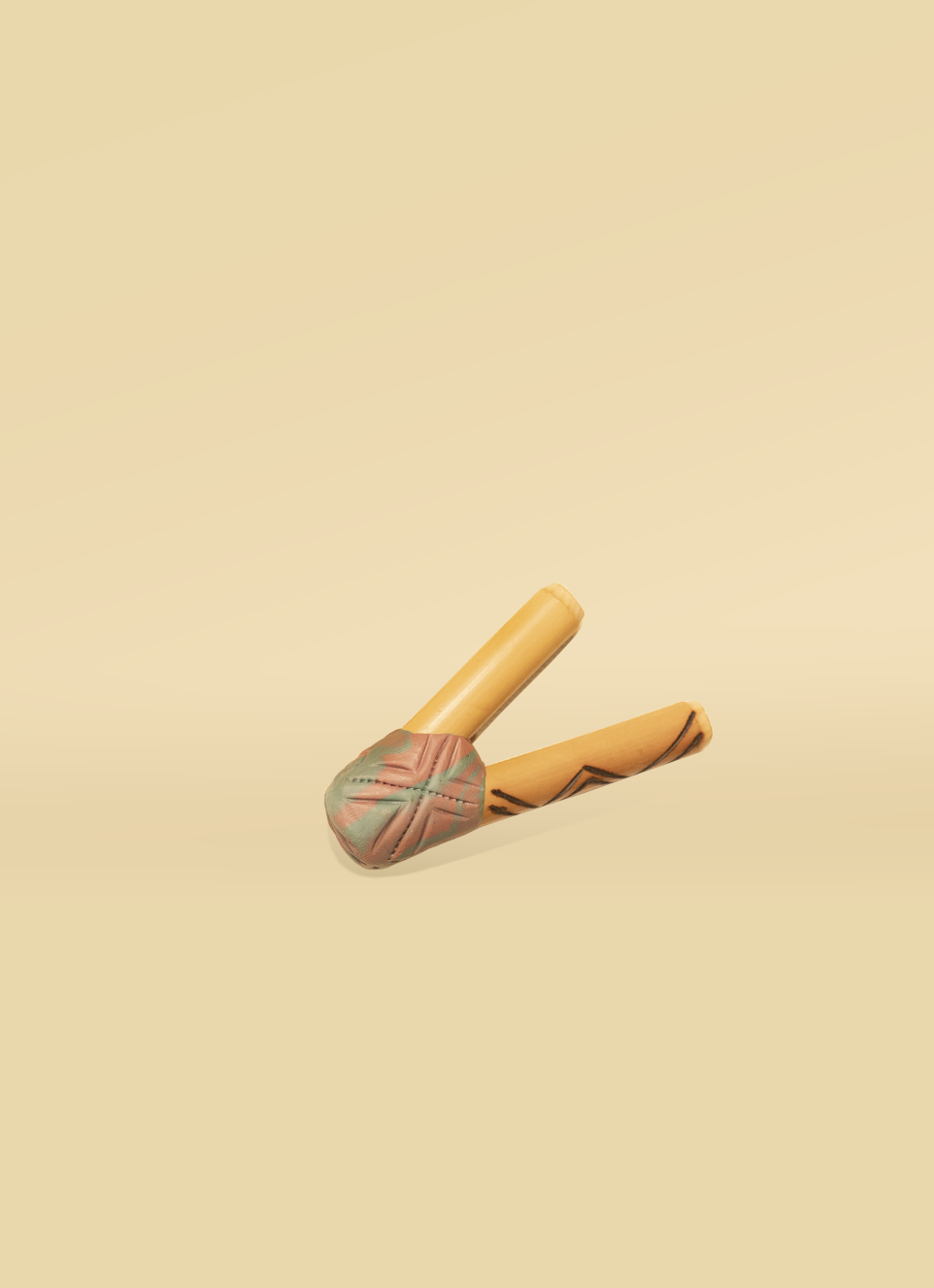 Shamanic wooden rattle with colorful beads, ritual instrument used in spiritual ceremonies and shamanic healing practices, made of natural materials for spiritual empowerment and energy clearing.