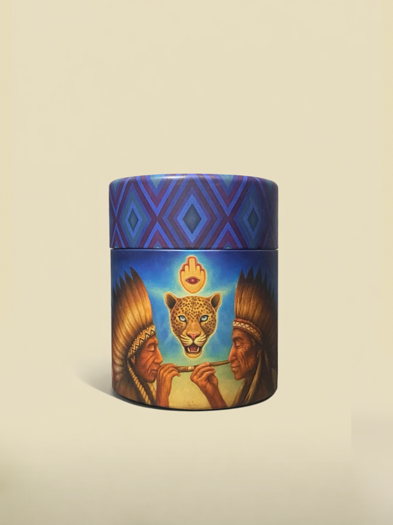 Huni Kuin Tribe inspired Hapé container with traditional artwork and vibrant patterns, representing indigenous herbal medicine and spiritual practices.