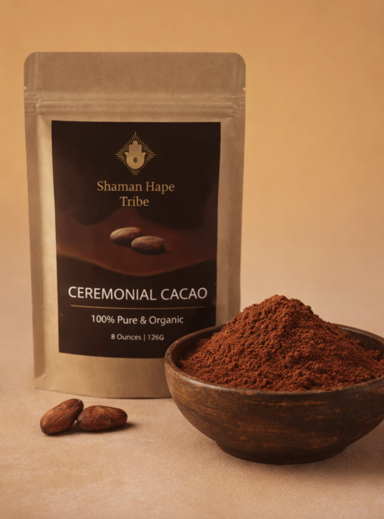 Ceremonial Grade Cacao powder from Shaman Hape, ideal for sacred rituals and ceremonies, made from 100% pure organic cacao beans, promoting spiritual connection and well-being.