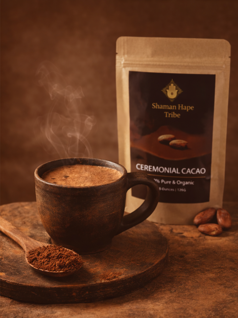 Ceremonial grade cacao powder in a rustic cup with a steaming beverage, with a package of Shaman Hape Ceremonial Cacao in the background, emphasizing purity and organic quality.