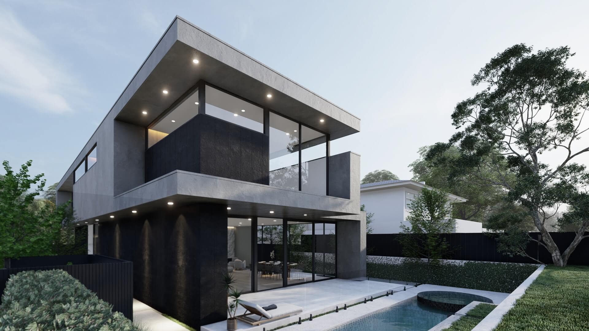 Seamless indoor-outdoor living with clean lines and expansive glass—modern luxury meets tranquility at Hampton Modern House." Description: This view showcases the integration of the pool area with the minimalist, yet striking architecture. The sleek concrete facade and expansive windows blur the line between inside and out, creating a fluid space that embraces natural light