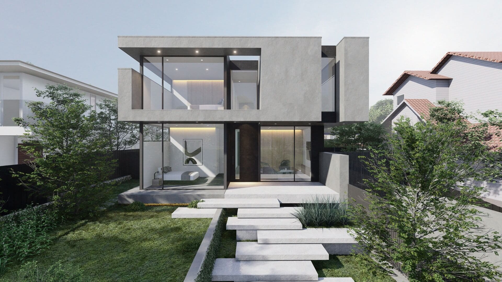 An architectural statement: strong lines and minimalist elegance define the Hampton Modern House." Description: A closer view of the facade emphasizes the sharp, bold lines of the modern aesthetic. With large glass windows, the exterior invites light to flow through the home while maintaining a sense of privacy through its thoughtful design.