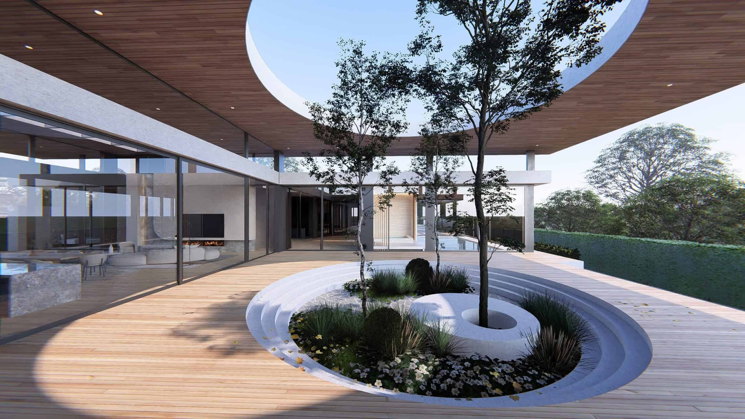 The "Berwick Modern House," designed by Sky Architect Studio, is a stunning example of contemporary architecture that seamlessly blends indoor and outdoor living. The design centers around a beautifully crafted courtyard with a sunken garden, creating a serene focal point that enhances the overall aesthetic of the home. Large glass walls and sliding doors allow natural light to flood the interiors while maintaining a strong connection with the surrounding landscape. The exterior showcases a harmonious mix of natural materials, including wood, stone, and glass, all set against clean, geometric lines. Inside, the open-plan living spaces are defined by high ceilings, a neutral color palette, and minimalist finishes, all hallmarks of Sky Architect Studio's modern design approach. The thoughtful integration of the courtyard into the overall design creates a tranquil retreat, making the Berwick Modern House both a functional and visually captivating space.