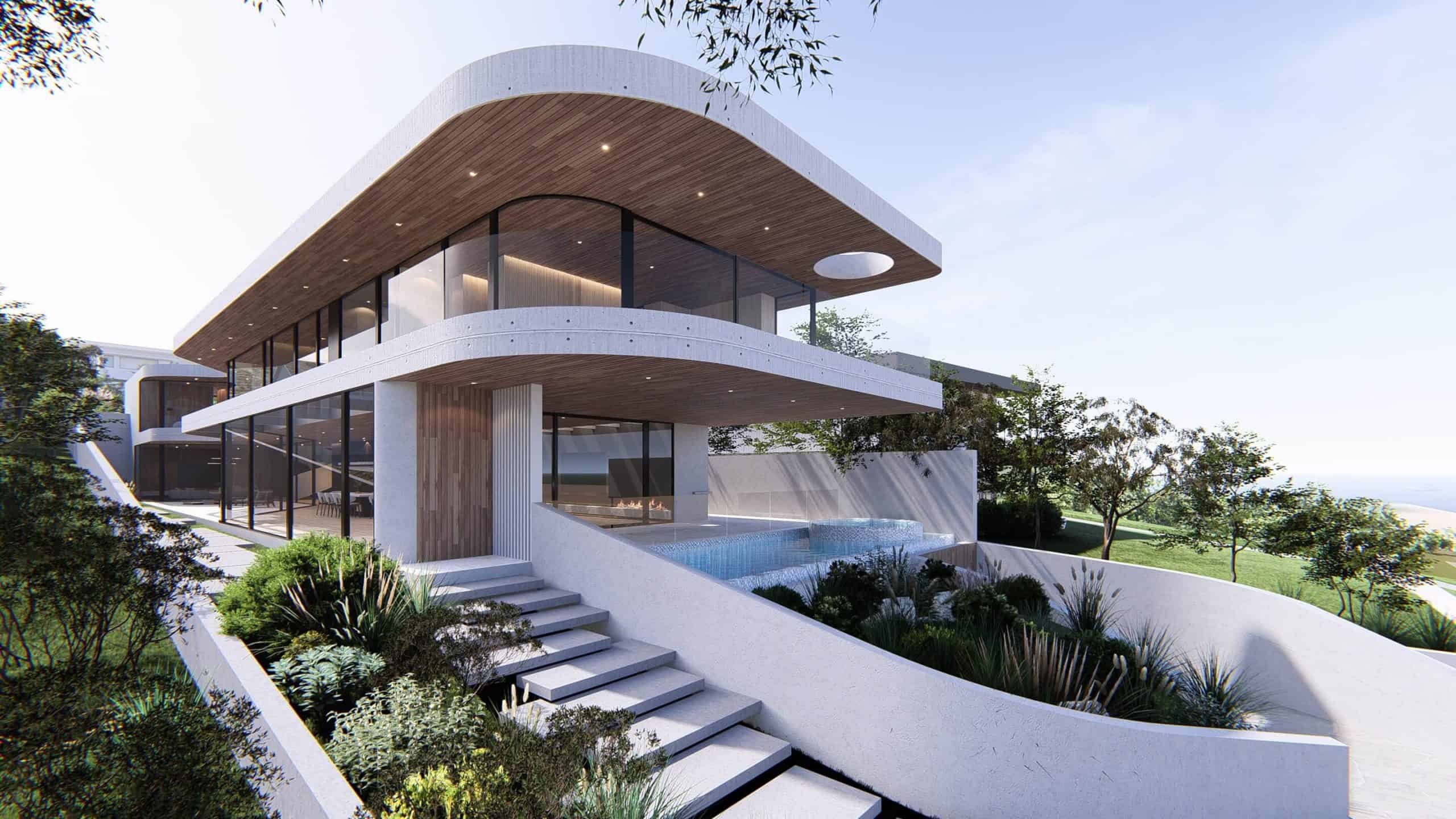 Entry view of Mount Martha Concrete Beach House with landscaped stairs and architectural curves