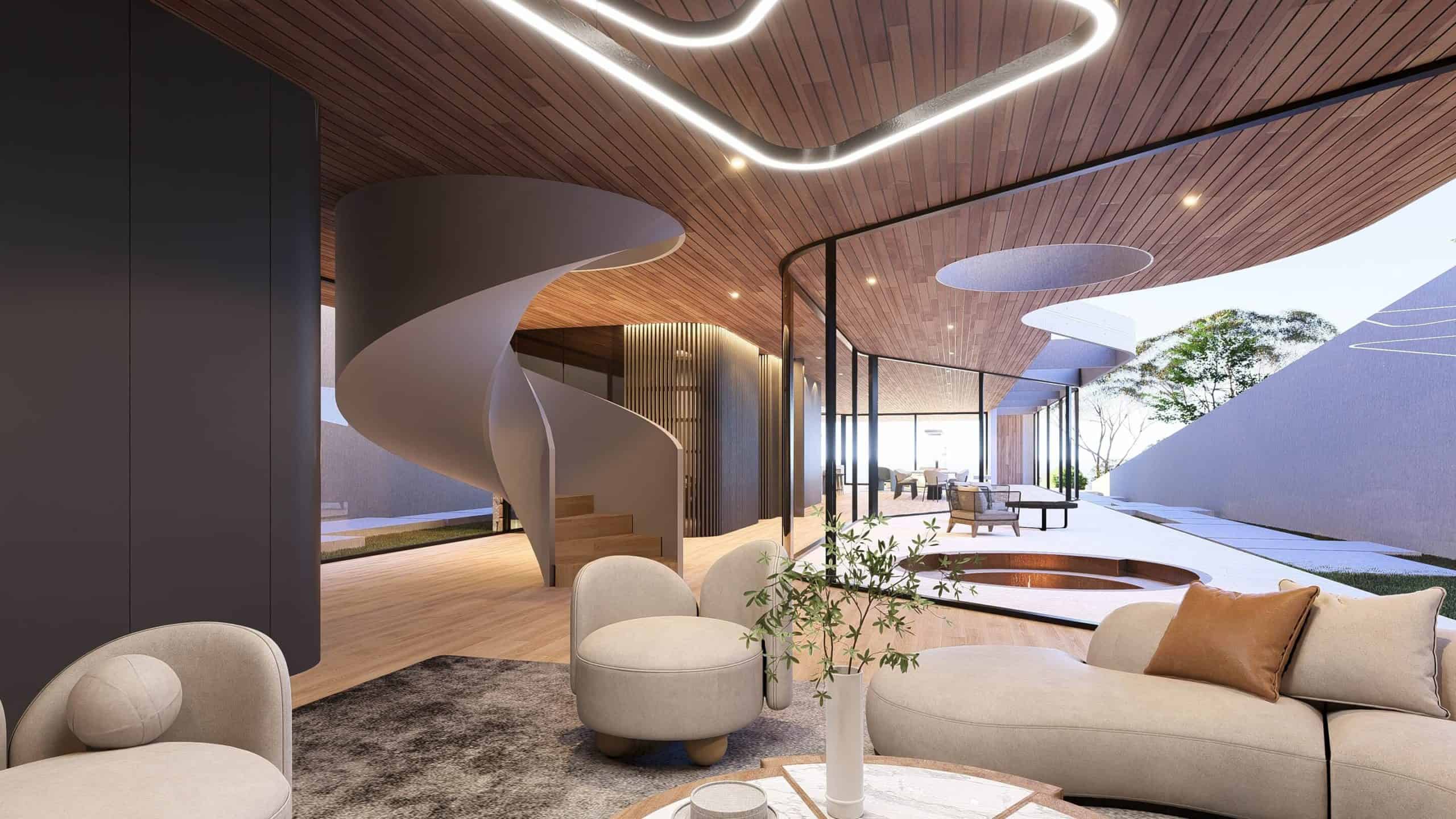 Spiral staircase within modern coastal residence featuring timber finishes