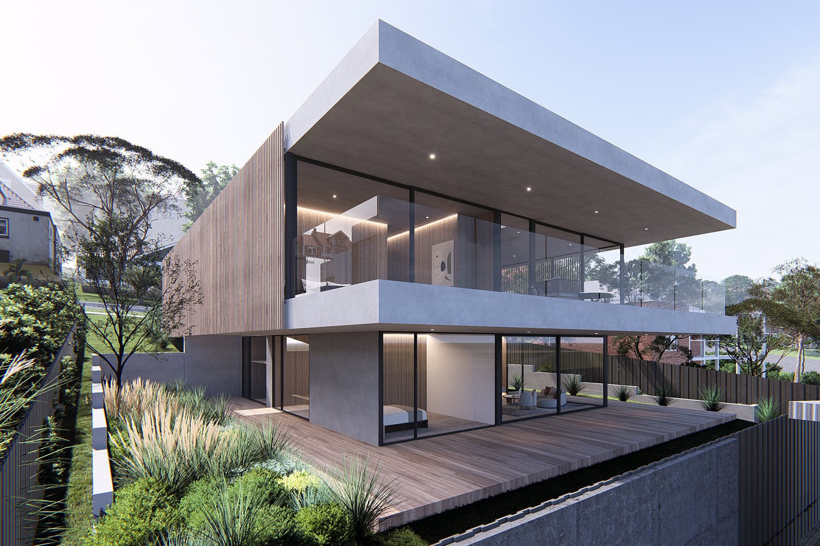 Modern two-storey home in Wandana Heights featuring clean lines, timber battens, and expansive glazing with views across the landscape.