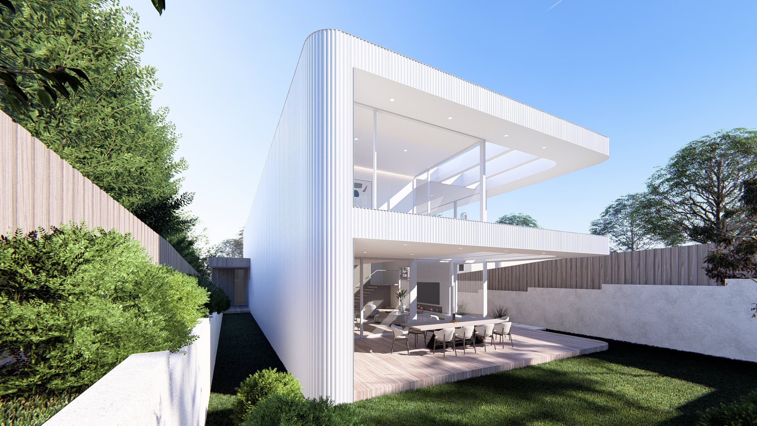 Modern minimalist residential architecture with sleek white facade and large glass windows.