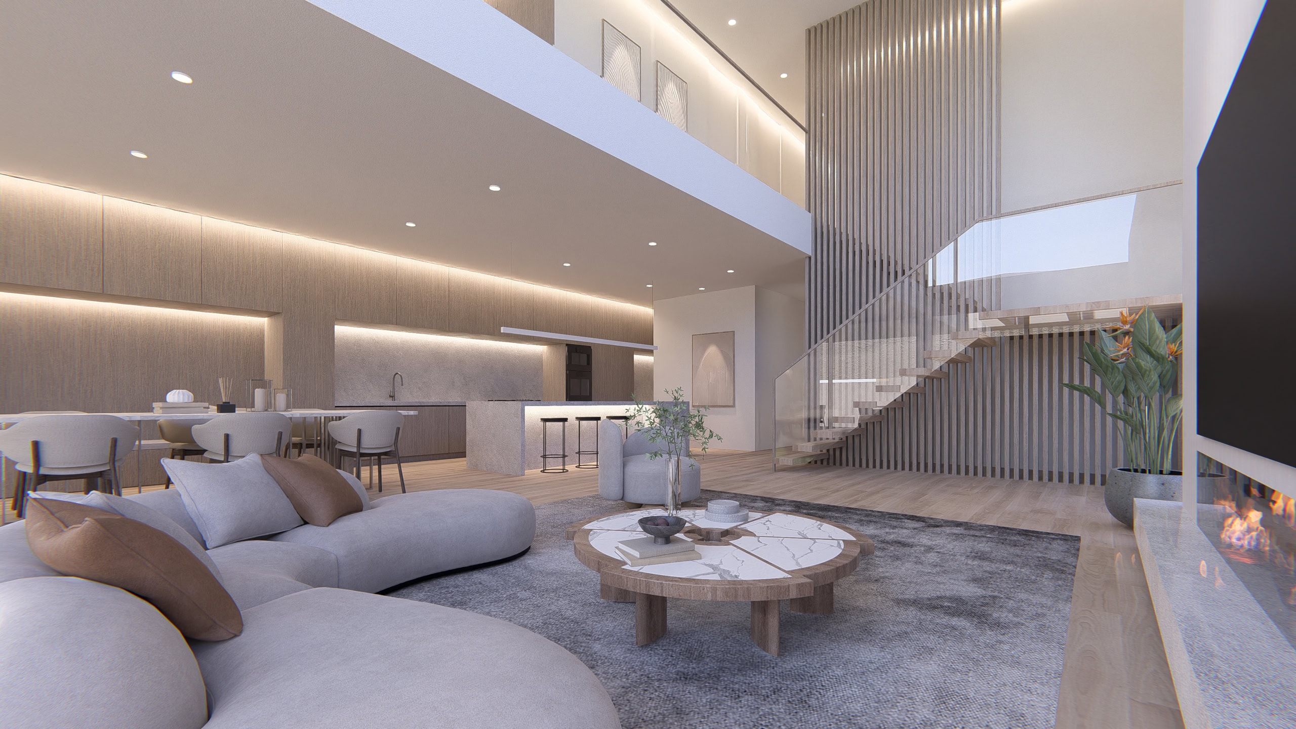 Contemporary open-plan living space with minimalist design and natural lighting.