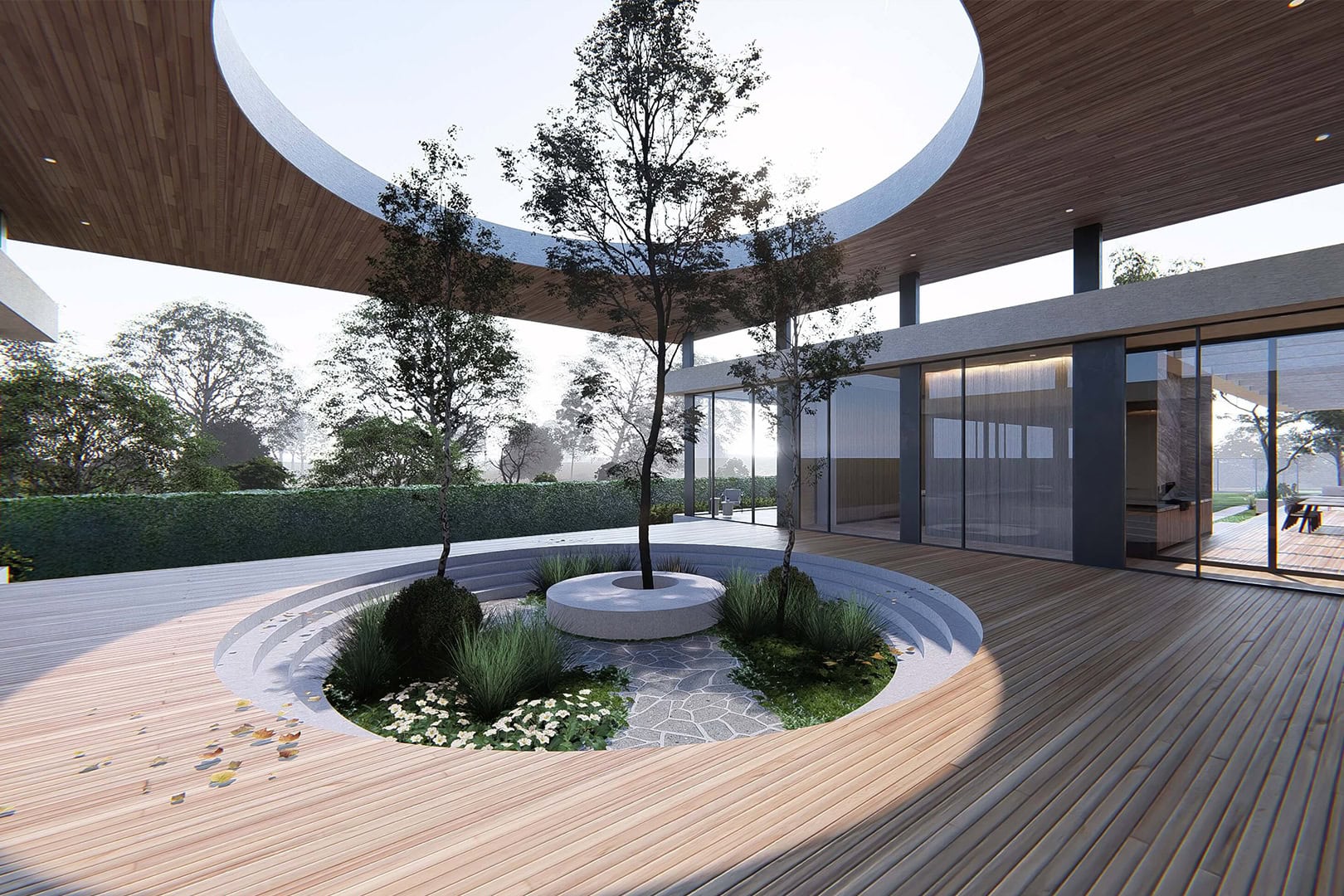 Outdoor modern architecture with circular garden and wooden deck design.