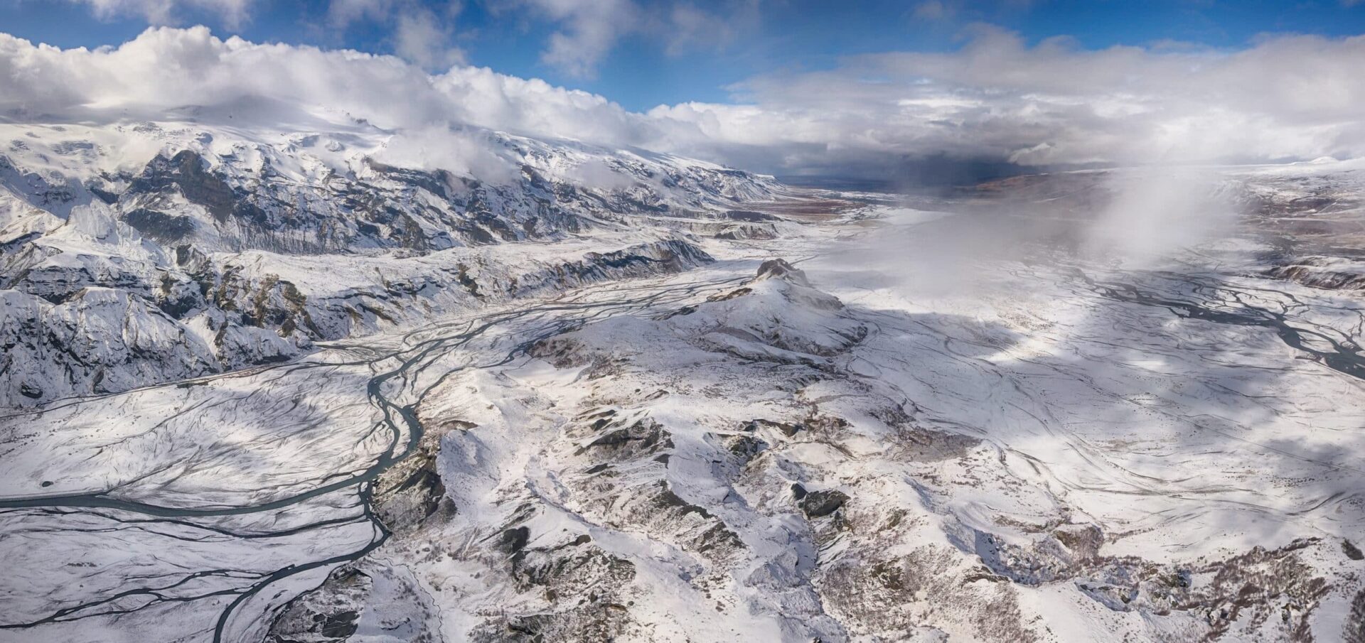 An overview of snowy Þórsmörk on an adventure tour