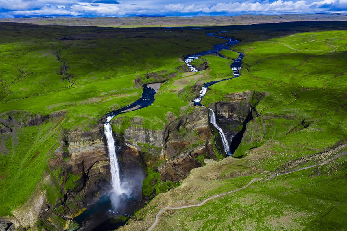 Aerial view of Haifoss and Granni waterfalls in Thjorsardalur