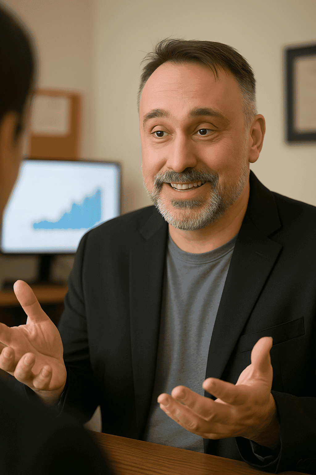 Glenn Murano, founder of Southington Digital Solutions, smiling and explaining marketing results to a client during a casual meeting. He’s wearing a black blazer over a gray shirt, seated at a desk with a computer in the background displaying a rising bar graph.