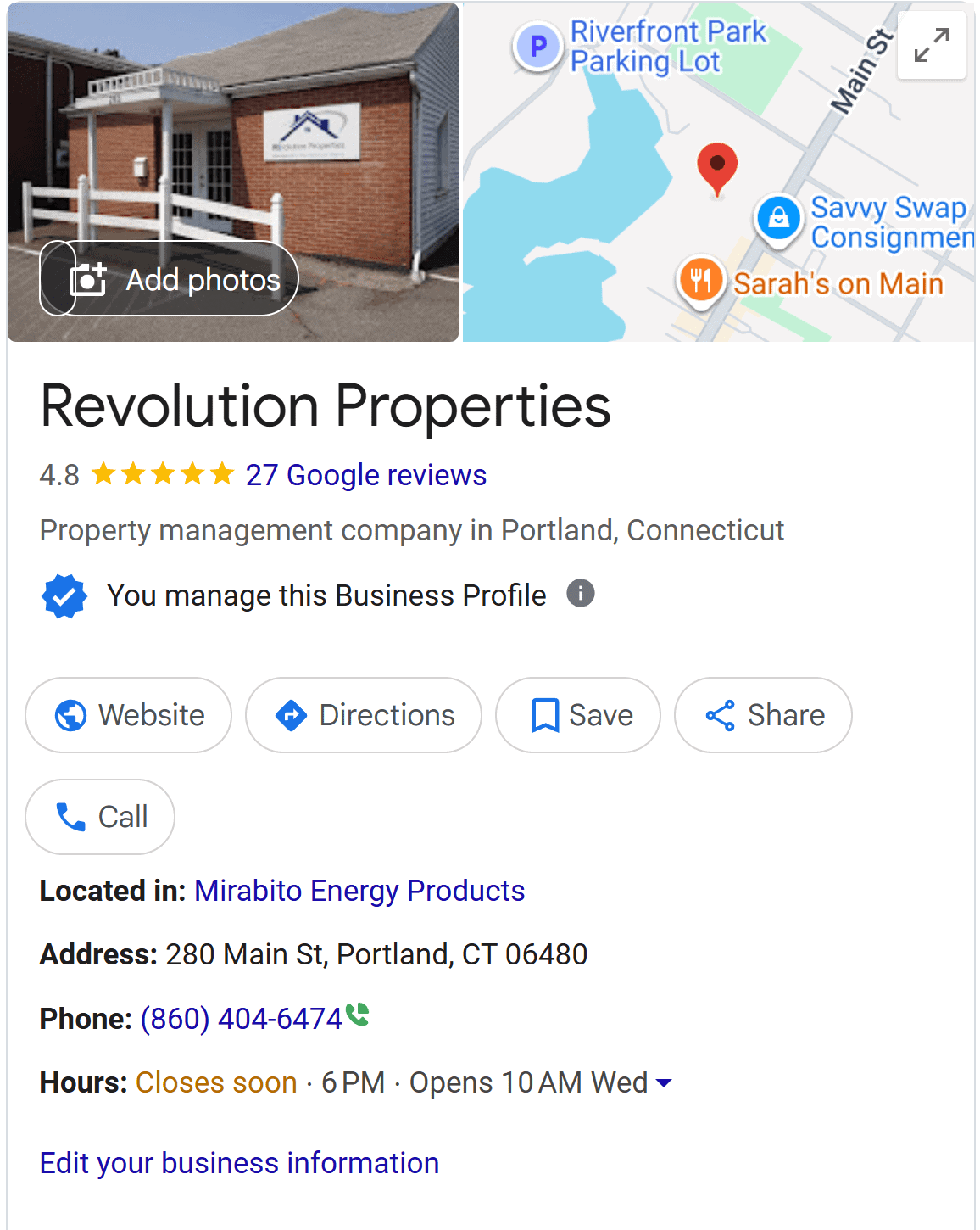 Google Business Profile listing for Revolution Properties, a property management company in Portland, Connecticut, showing a 4.8-star rating from 27 Google reviews, location at 280 Main Street, contact number, hours of operation, and a map with nearby landmarks.