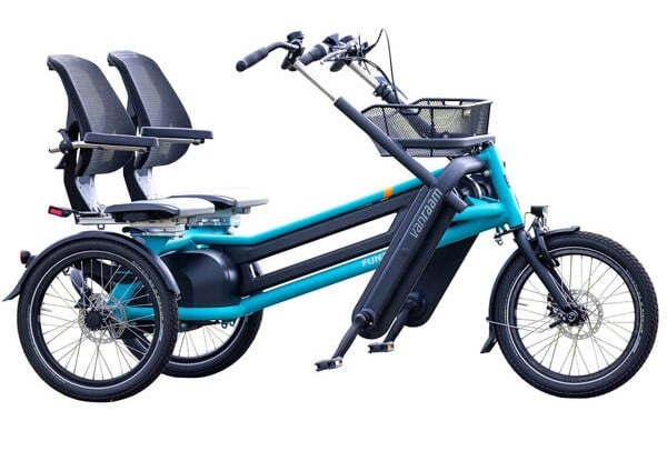 Dreirad-Tandem mit E-Antrieb und Kindersitzen, ideal für Familien, Spezialrad Fischer.