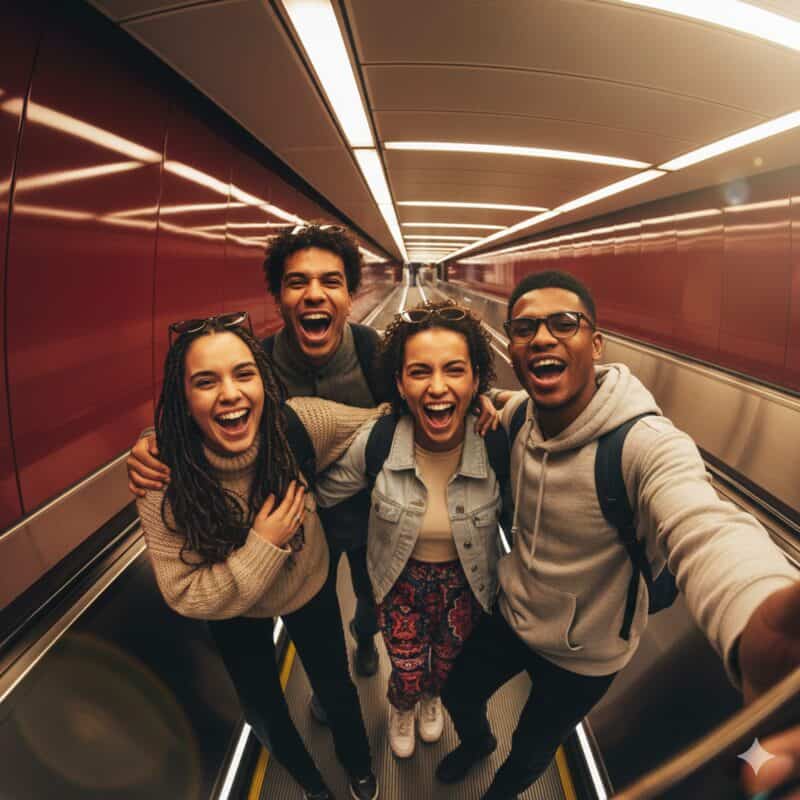 Group of happy young travelers taking a selfie in a city hostel corridor.