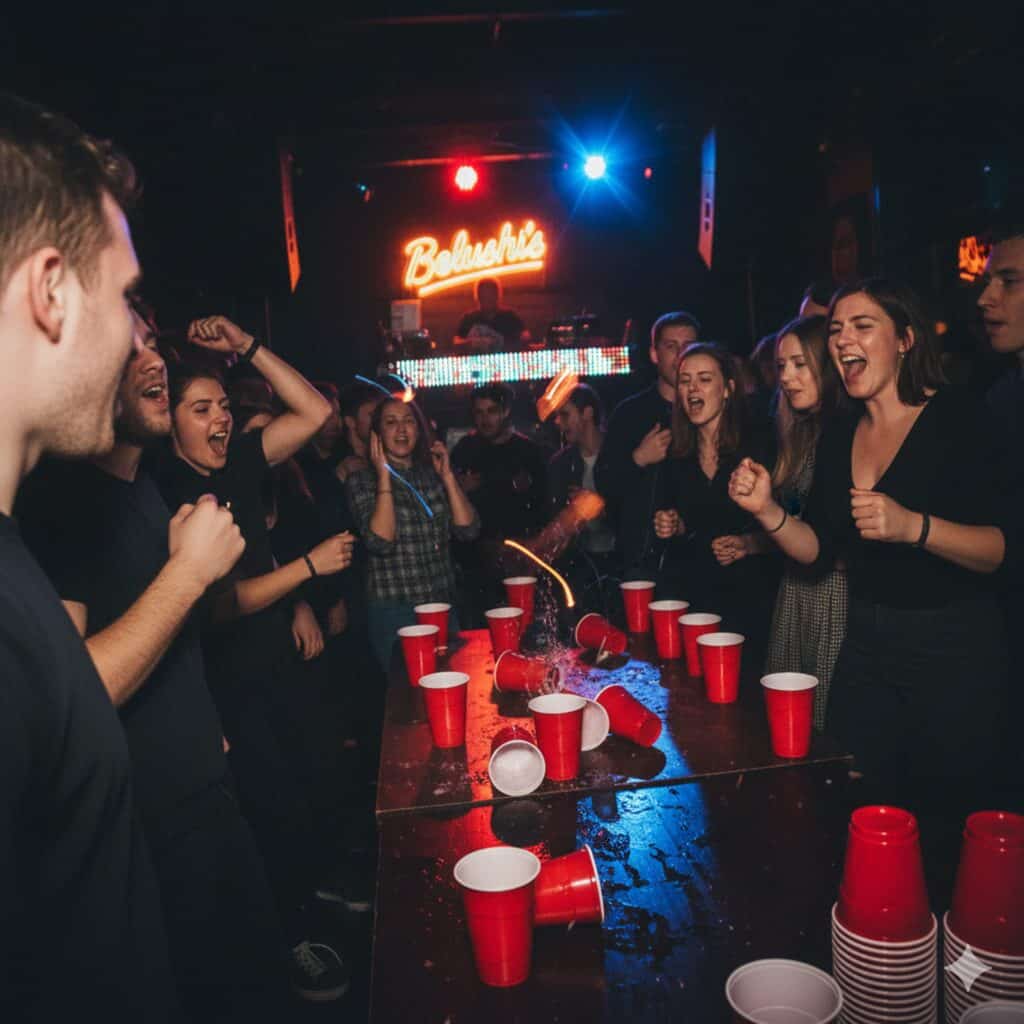 Party at Flying Pig Downtown Hostel with lively group and red cups.