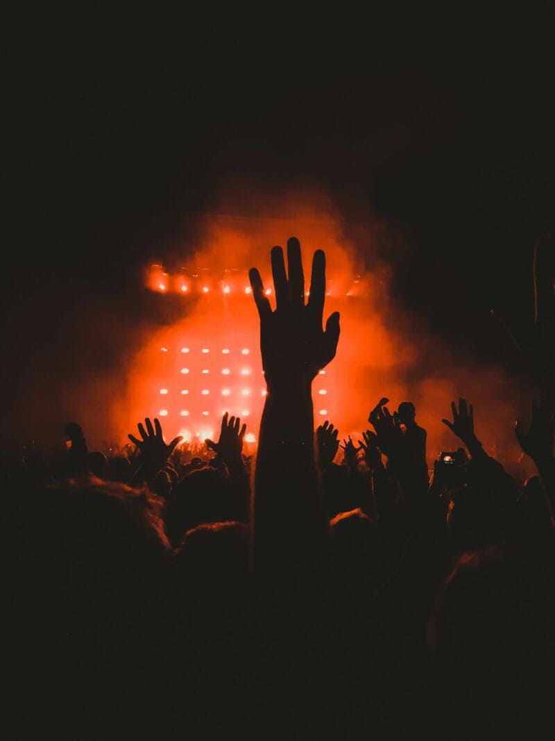 Crowd at a concert in Amsterdam with a prominent hand raised in the foreground.