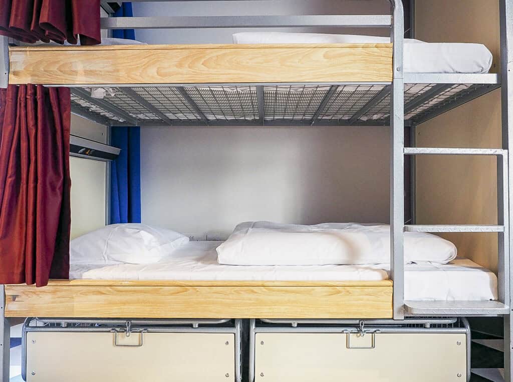 Bunk beds in a hostel dorm room at St Christopher’s Liverpool Street.